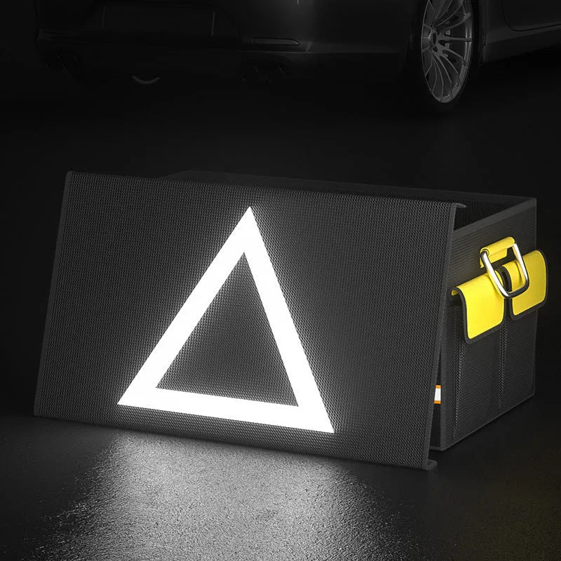 Black and yellow foldable fabric car boot storage organiser bag with a handle.