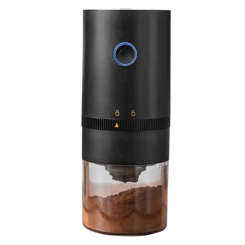 Portable USB-C powered electric coffee grinder with adjustable ceramic burr mechanism for freshly ground coffee