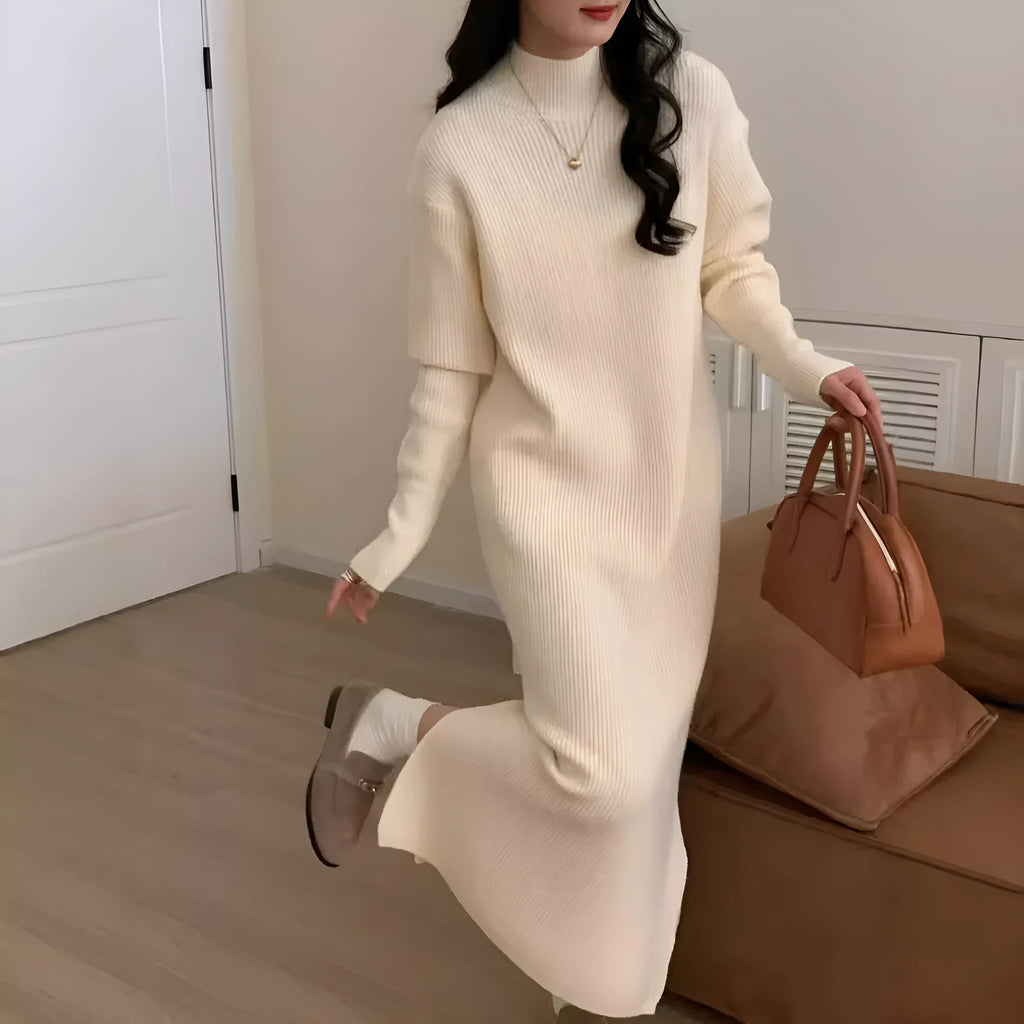 Women's acrylic knitted dress with half turtleneck, long sleeves, and midi length in solid colour