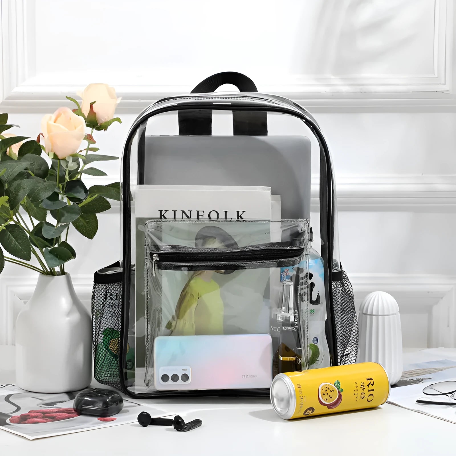Transparent PVC backpack in multiple colours including black, grey, rose red and sapphire blue