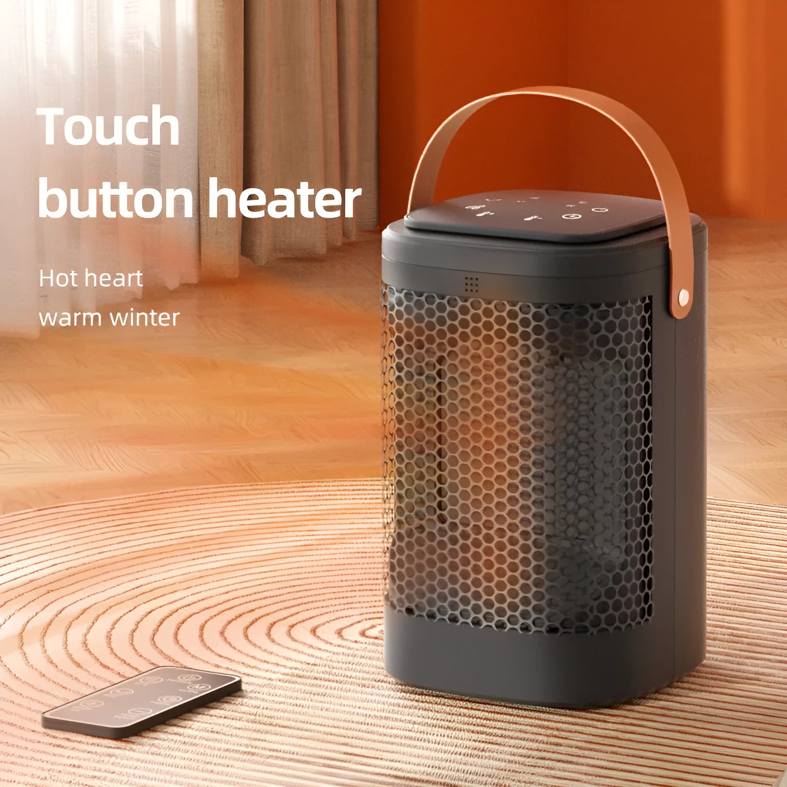 Black portable electric heater and air cooler with digital touch screen display and remote control.