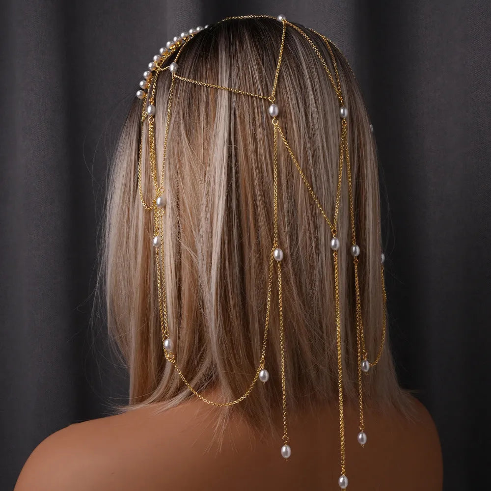 Gold mesh tassel hair chain with genuine pearl decorations for women's fashion styling