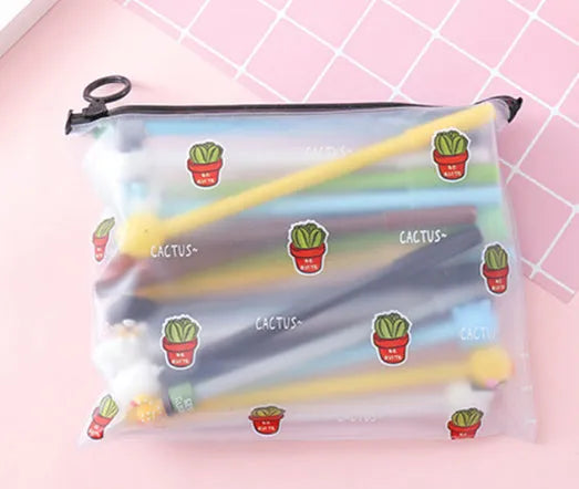 20 black 0.5mm gel pens in Marvel cartoon cactus character plastic case measuring 21 by 17cm