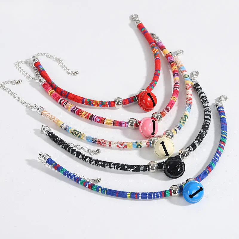 Ethnic pattern pet collar with bell in multiple colours for cats and small dogs