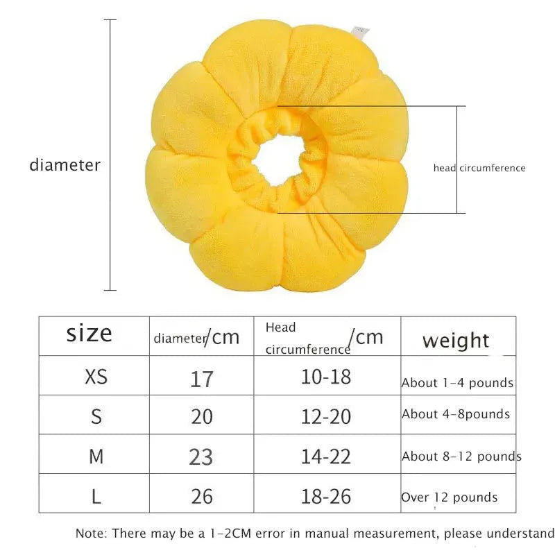 Sunflower patterned cotton recovery collar for a cat or small dog, shown with adjustable hook-and-loop strap.