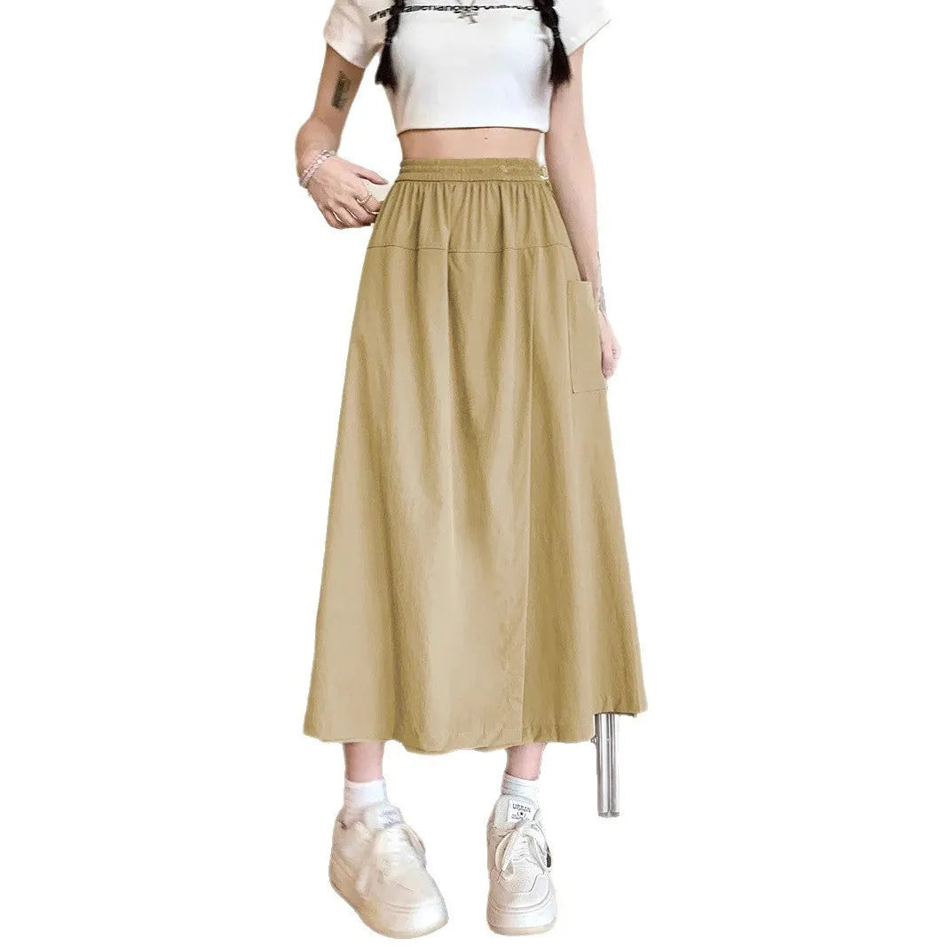 Camel colour wide leg skirt with elastic waistband and drape detailing