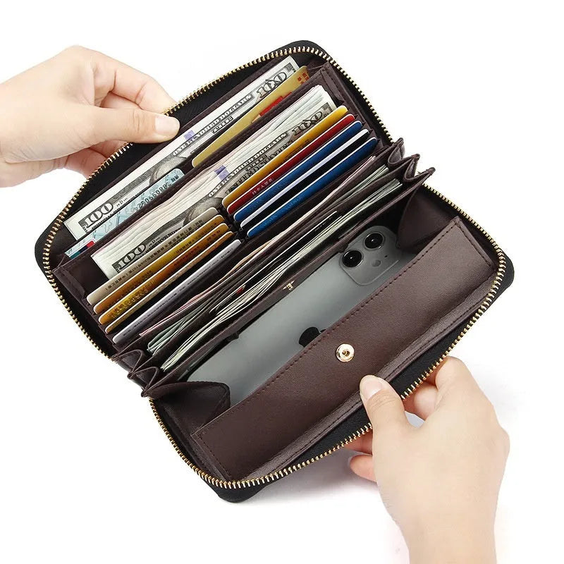 Women's genuine leather long wallet in multiple colours showing interior card slots and anti-theft protection