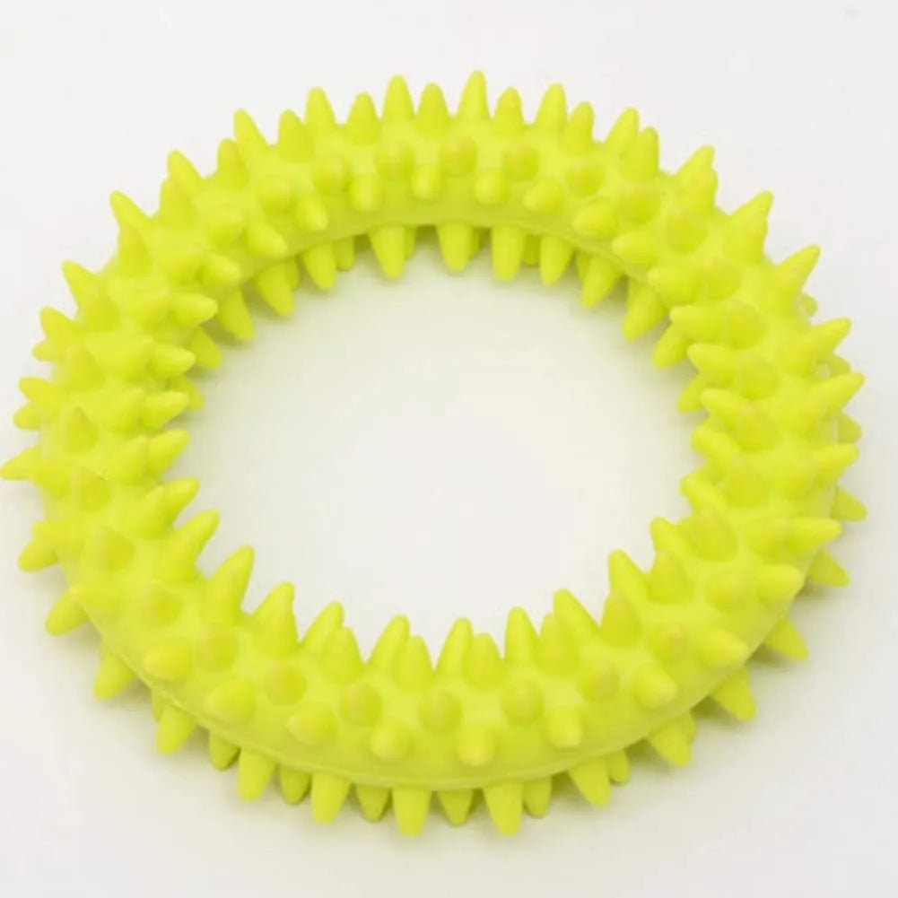 Blue spiky circle ring dog chew toy made from TPR for dental cleaning and bite training.