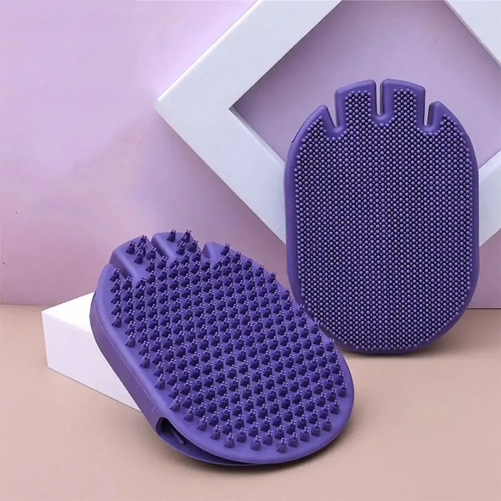Purple pet shampoo brush with soft bristles and ergonomic handle for dog and cat grooming