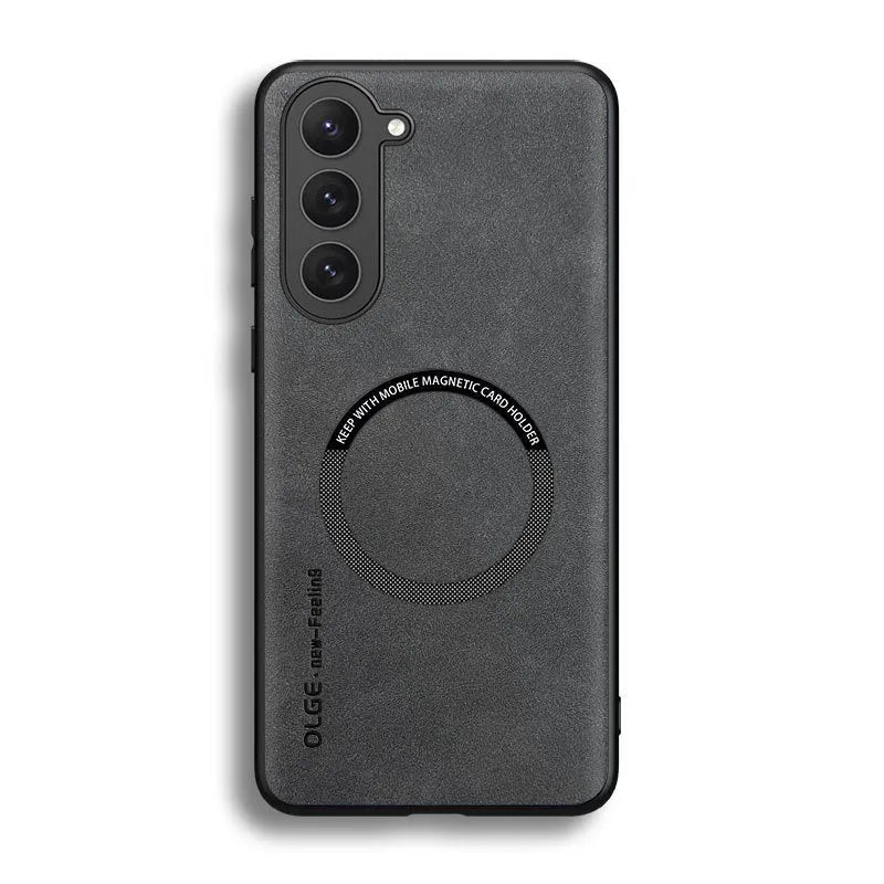 Samsung magnetic wireless charging phone case in graphite black imitation leather, back cover design