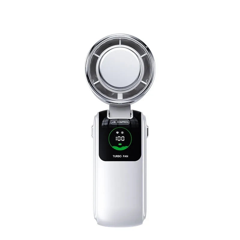 Blue foldable handheld mini fan with neck strap, showing USB port and speed buttons.