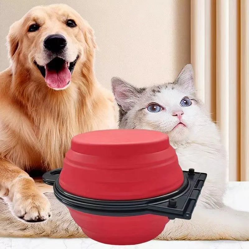 Blue folding silicone pet bowls collapsed and expanded with non-slip mat for dogs and cats