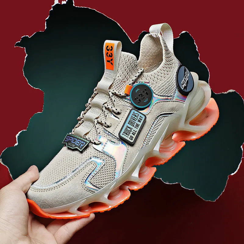 Men's hollow blade shock absorption sports shoes with breathable fabric upper in apricot colour