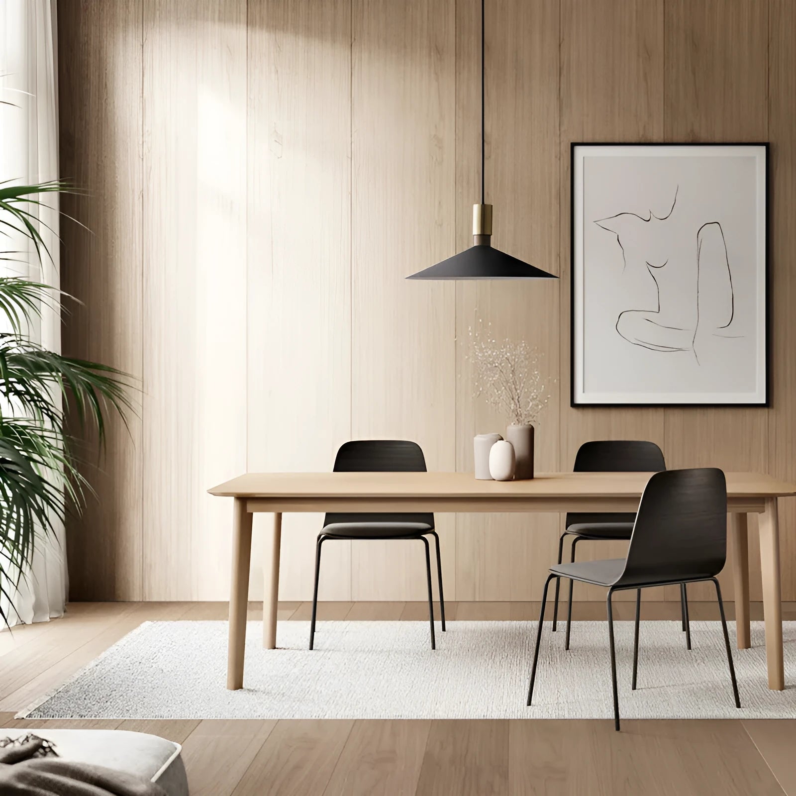 Modern round single-headed iron bar lamp in black, shown hanging over a dining table.
