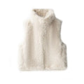 Women's loose casual faux fur vest in A-line style, available in black, brown, white, with animal and grid patterns, polyester fill.