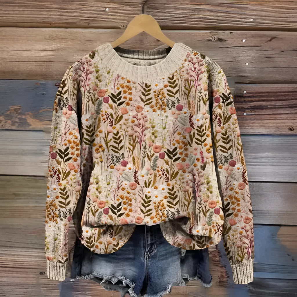 Digital printed floral pattern on a grey round neck sweater, showing the front view.