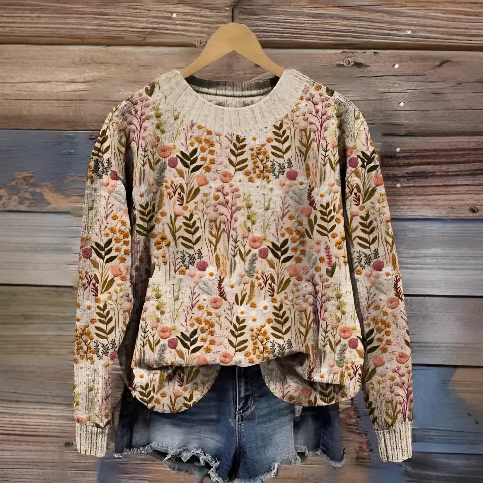 Digital printed floral pattern on a grey round neck sweater, showing the front view.