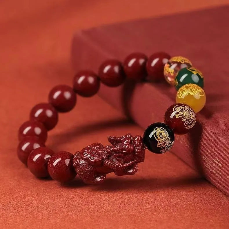 Cinnabar bracelet with five gods of wealth motif and animal modelling design in national style