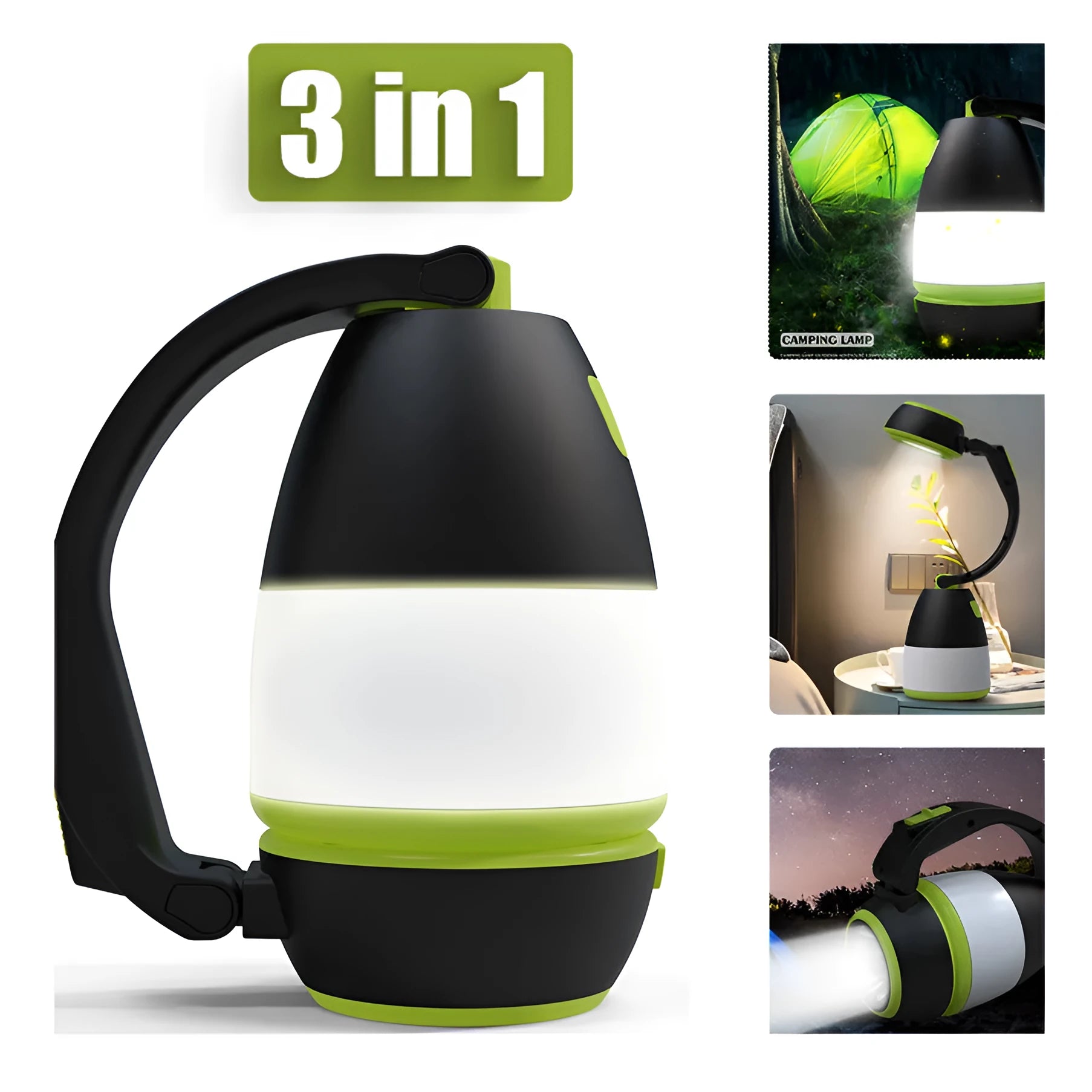 Black green multifunctional 3-in-1 foldable LED lamp with adjustable head on a table.