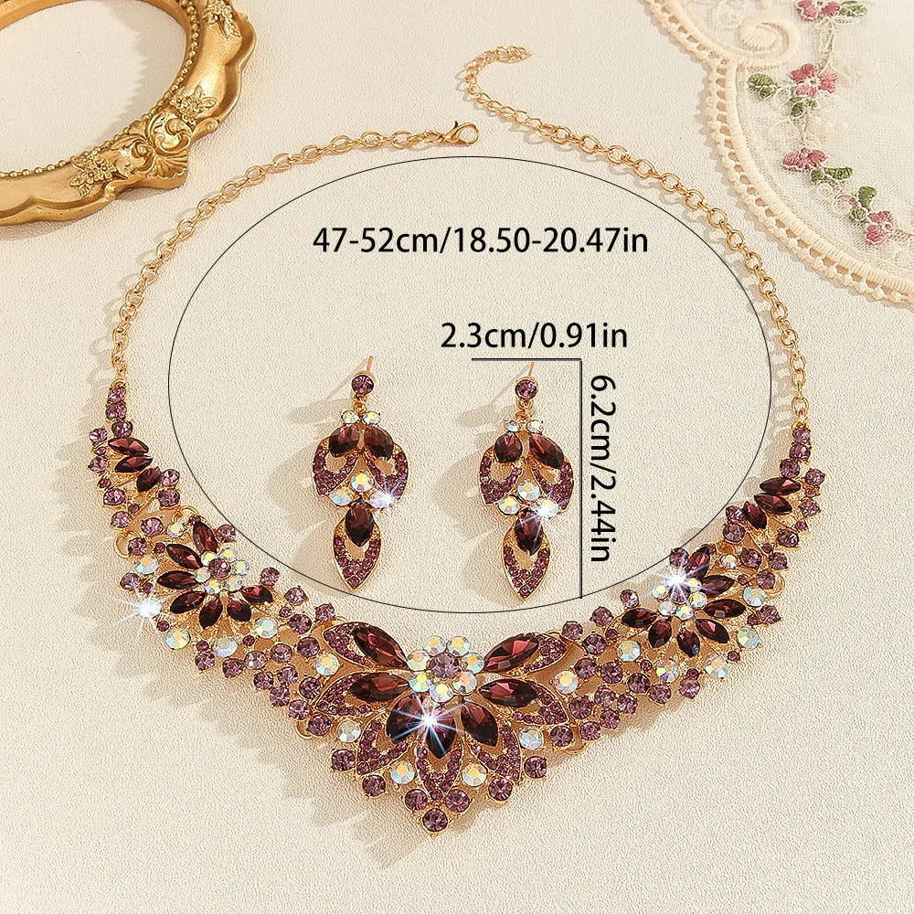 Gold crystal necklace and earrings set with alloy pendant, cross chain, and floral rose and wheat design