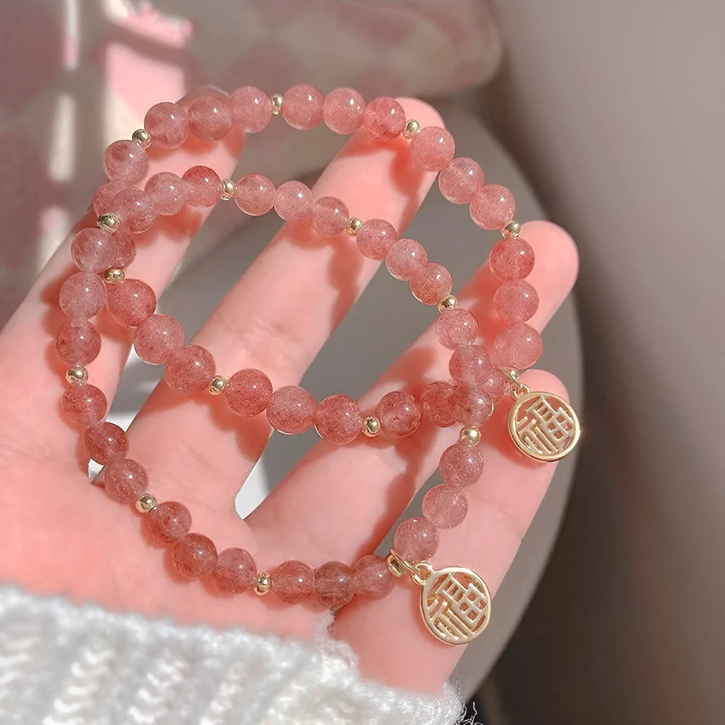 Handmade strawberry quartz blessing card bracelet with adjustable universal wrist size