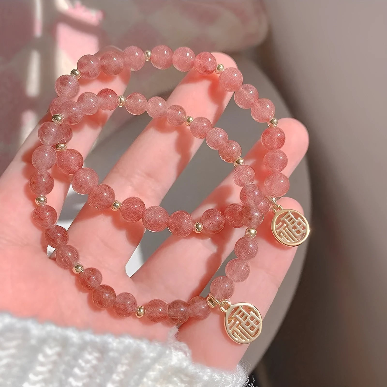 Handmade strawberry quartz blessing card bracelet with adjustable universal wrist size