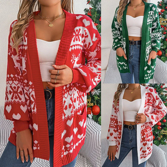 Women's Christmas cardigan with open front, lantern sleeves, and festive deer print in red, green, and white colors