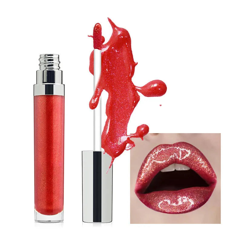 Pearl lip gloss clear lip oil in a logo-free round tube with mirror, pearl light, and water light finish