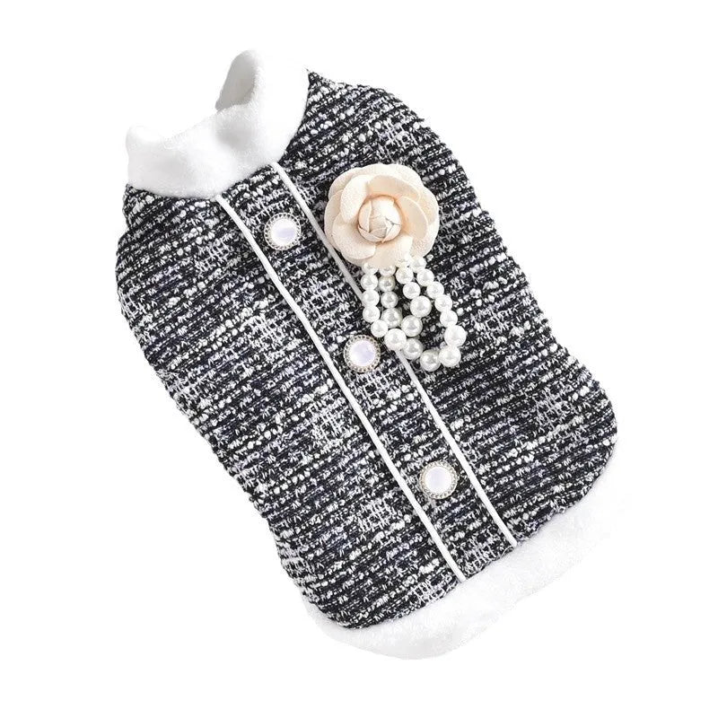 Black PU sausage costume jacket on a small dog, showing the torso-covering design.