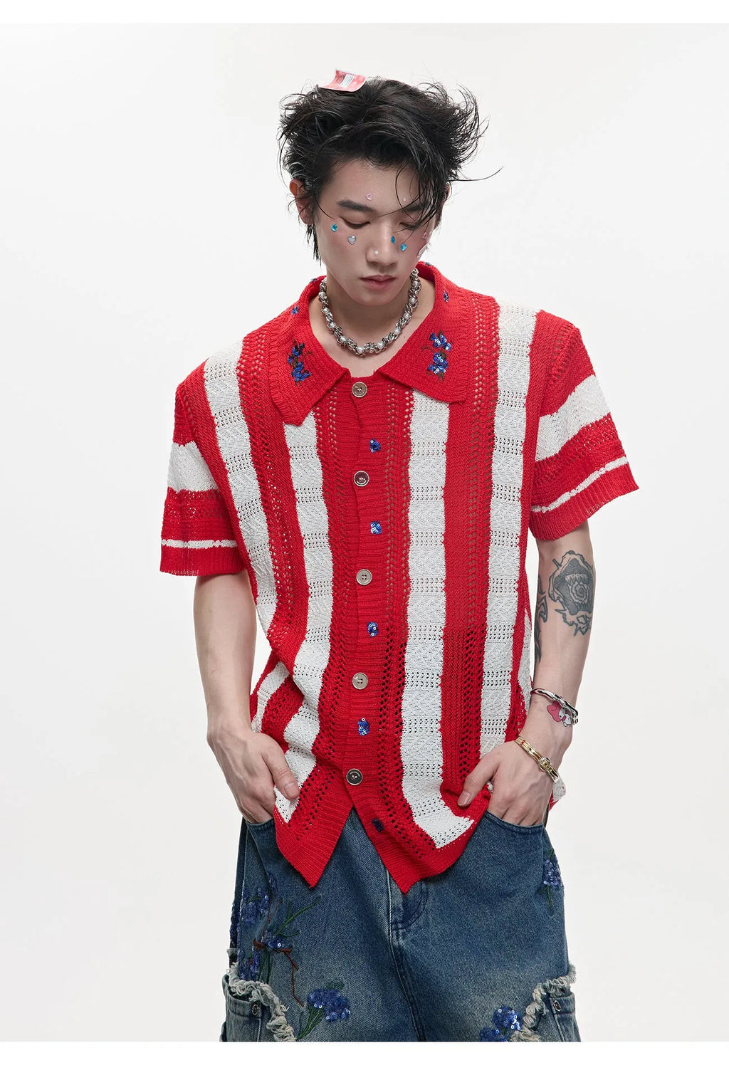 Men's patchwork striped retro knitted short sleeved shirt in loose fit design