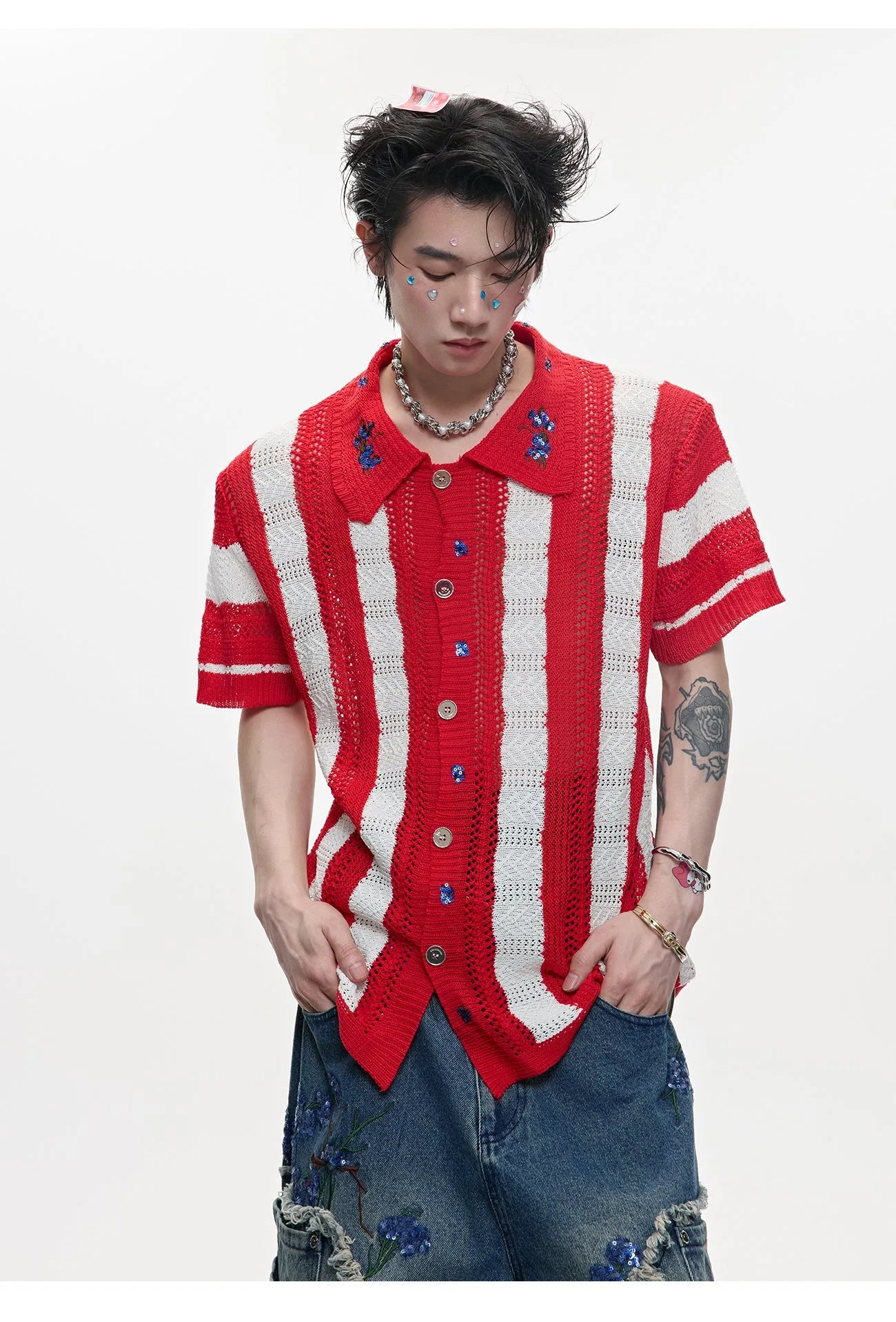 Men's patchwork striped retro knitted short sleeved shirt in loose fit design