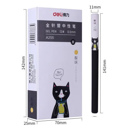 Black gel pen with full needle tube, plastic shell, 14.1x1.1 cm pen body, non-erasable ink, shown as office stationery pen.