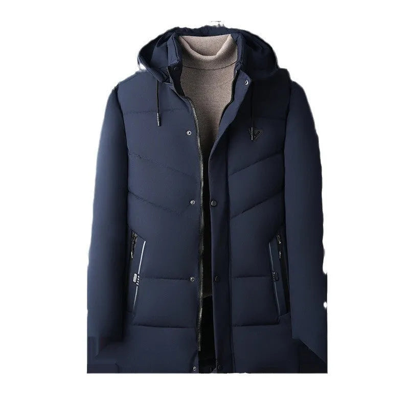 Men's extra thick down cotton-padded jacket in black, cardigan style with side pockets