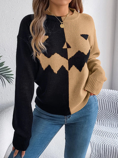 A cozy, acrylic Halloween pullover sweater with a ghostly design in autumnal colors