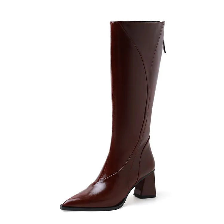Retro Maillard tube high heel riding boots in cowhide leather with waterproof platform
