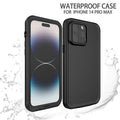 Black waterproof magnetic suction protective iPhone case for iPhone 15 Pro Max shown on a phone with a frosted finish.