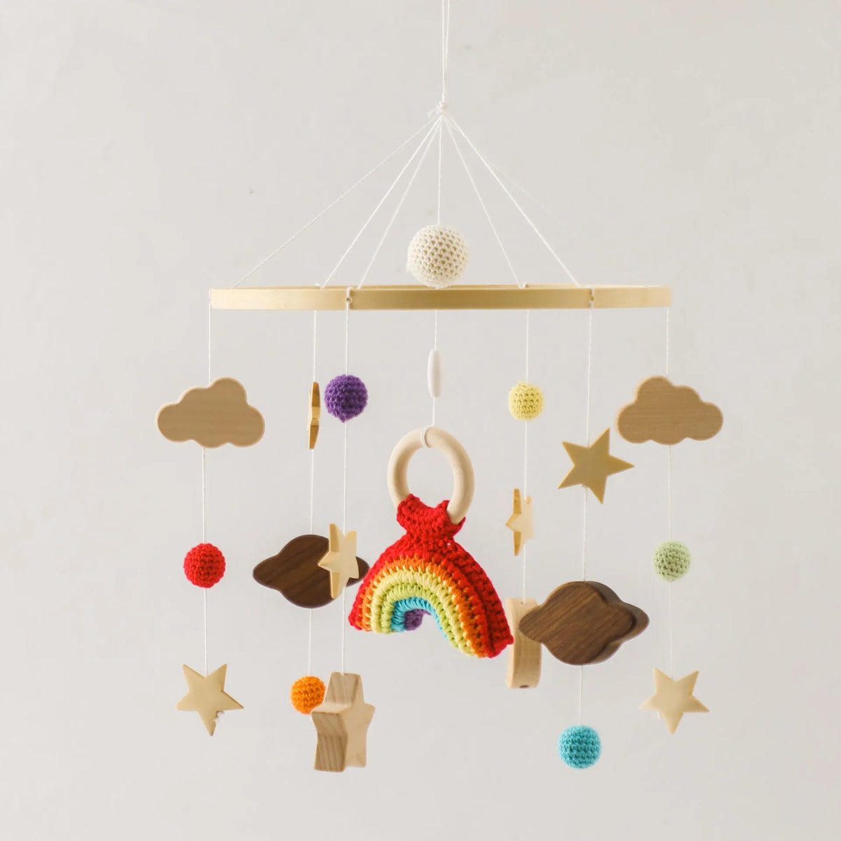 Wooden baby car hanging wind chime with crochet bed bell in moon, rainbow, sun or rocket options