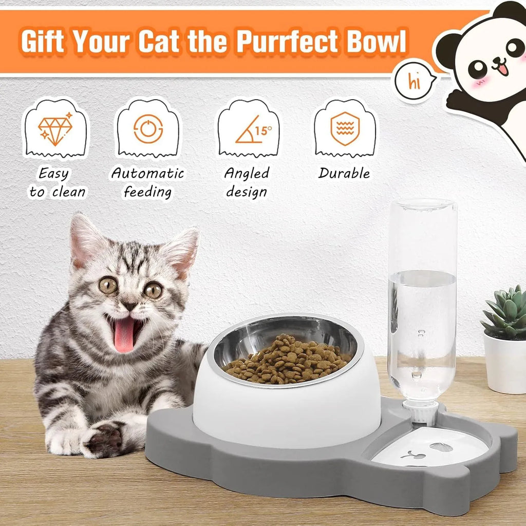 Grey and green panda-shaped raised pet bowl set with tilted bowls and a large water bottle.