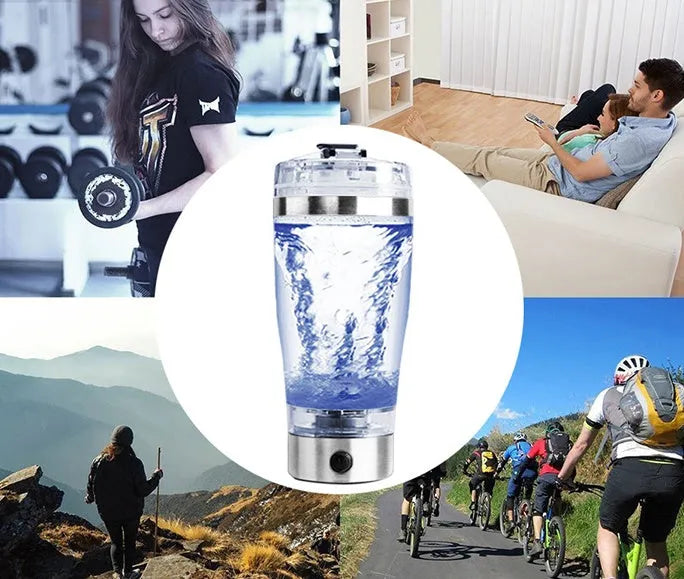 Stainless steel colour USB rechargeable electric blender bottle with motorised lid and 600ml capacity.