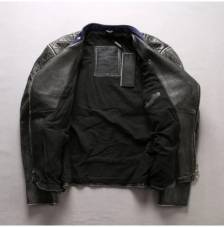 Men's distressed stand collar cropped slim leather jacket in black cowhide