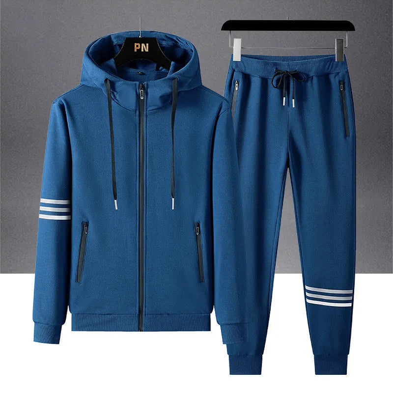 Men's cotton hooded sweatshirt and trousers two-piece set in grey, black, green, blue or white, sizes L to 6XL.