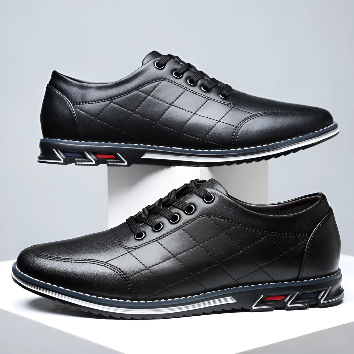 Men's non-slip casual sports shoes with breathable PU upper, rubber sole, front lace-up, black red blue white, sizes 38-48