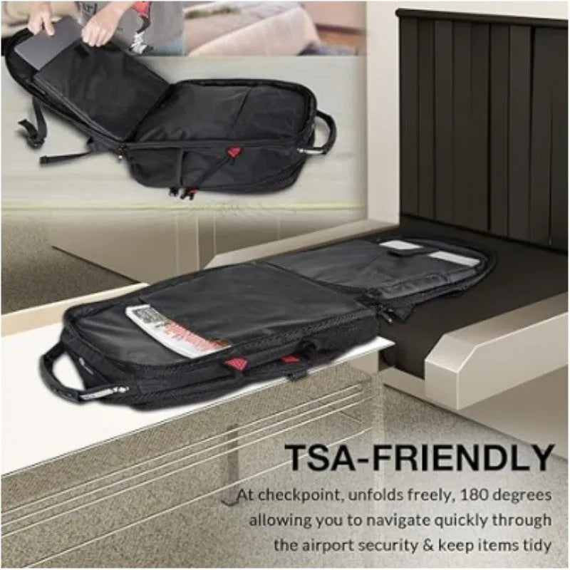Large black USB backpack with curved shoulder straps, showing front compartment and charging port.