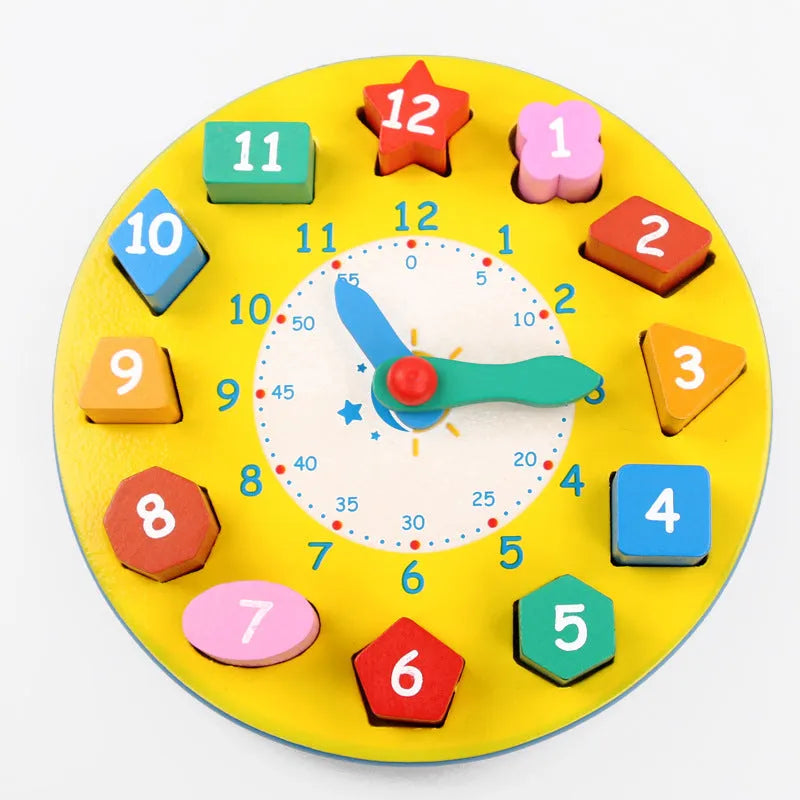 Wooden shape number clock teaching aid with digital alarm clock colour finish on white background