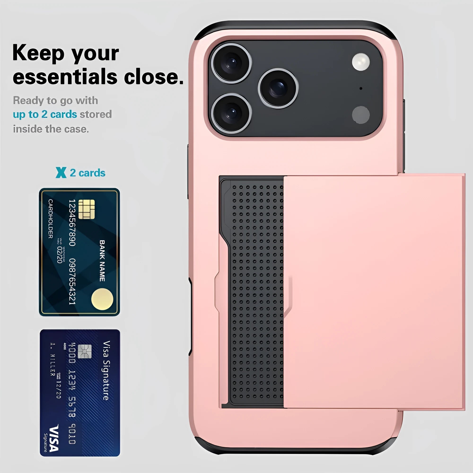 Apple iPhone sliding cover card case in Army Green showing card slots and protective construction