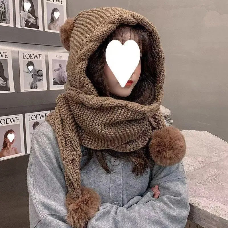 Korean-style acrylic hat with attached scarf in khaki, machine embroidery, round top