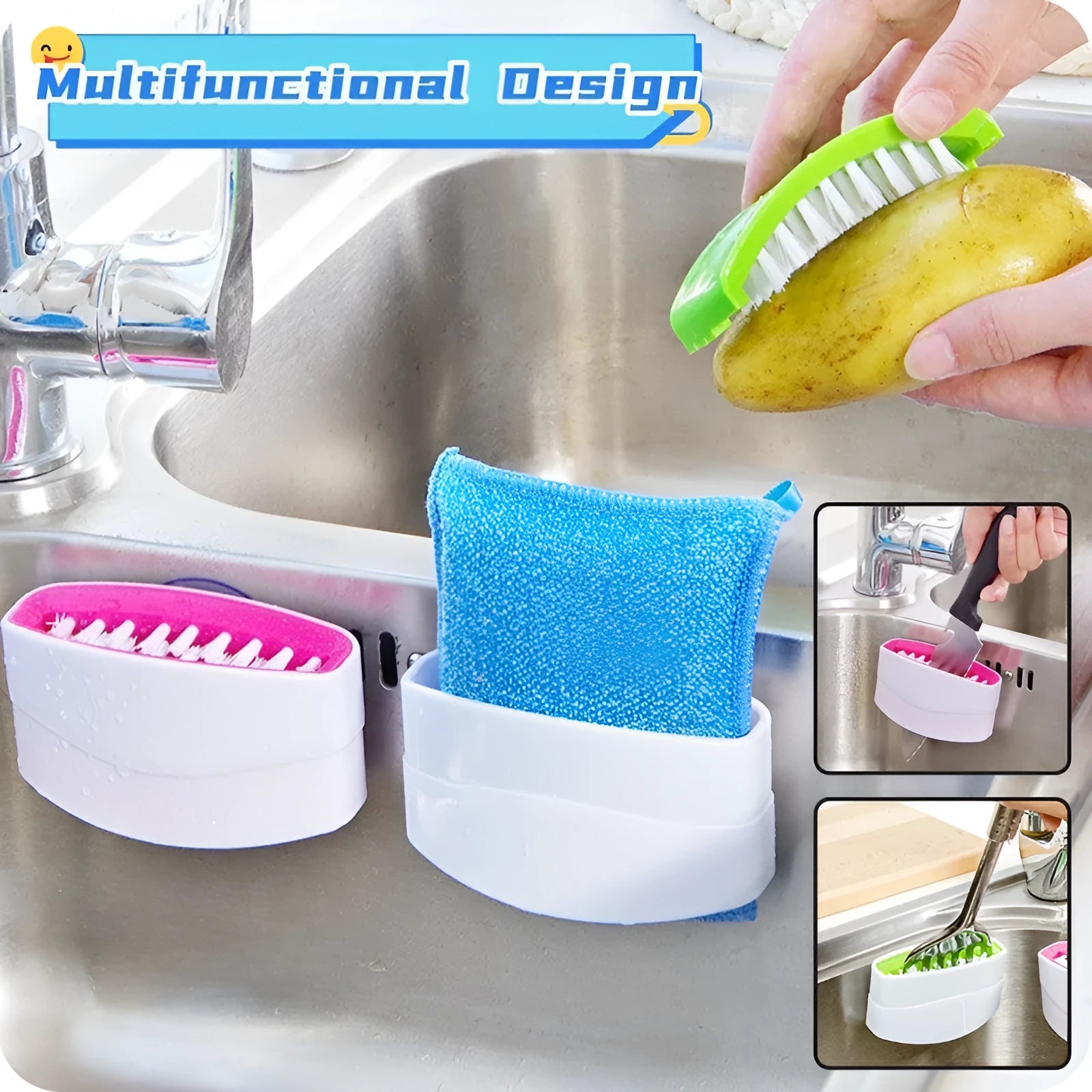 Creative cutlery design kitchen cleaning brush with suction cup in blue, green or pink colour options