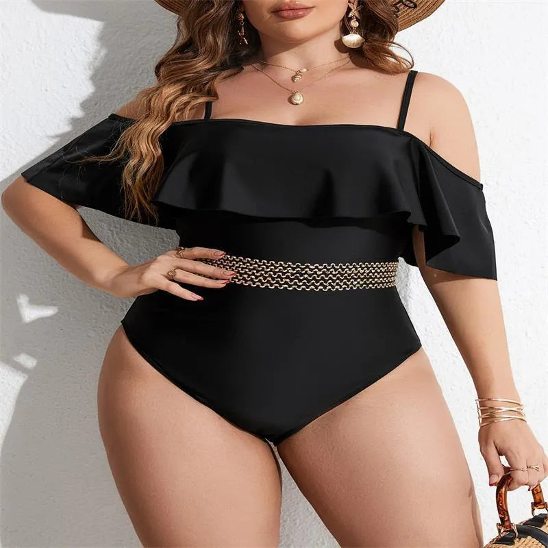 Black women's one-piece swimsuit on hanger showing front and back views