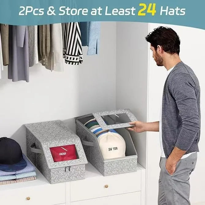 Grey foldable woven fabric storage box with lid, shown with dimensions 42cm long by 22cm wide by 17cm high.