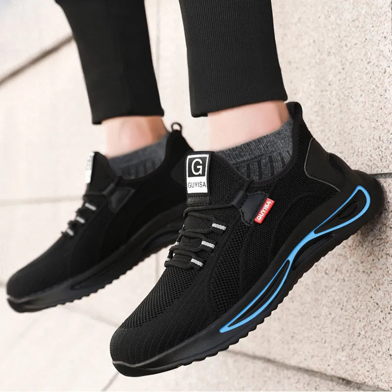 Steel toe work safety shoes for men, black blue trim, fly weaving upper, Kevlar midsole, PU nonslip sole, low top, sizes 39-44.